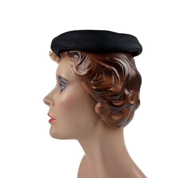 Vintage 50s Rose Hat Pink Black Woven Straw Round Pillbox Charmer - Picture 4 of 10